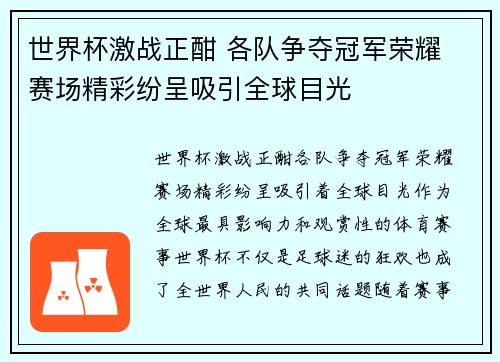 世界杯激战正酣 各队争夺冠军荣耀 赛场精彩纷呈吸引全球目光